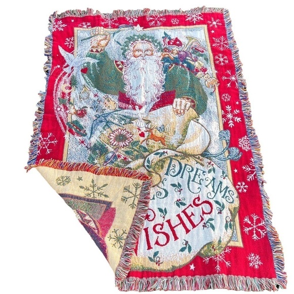 Whimsical Christmas Tapestry Throw Santa Hopes Dreams Wishes Red 68” x 46” GUC - Picture 2 of 6